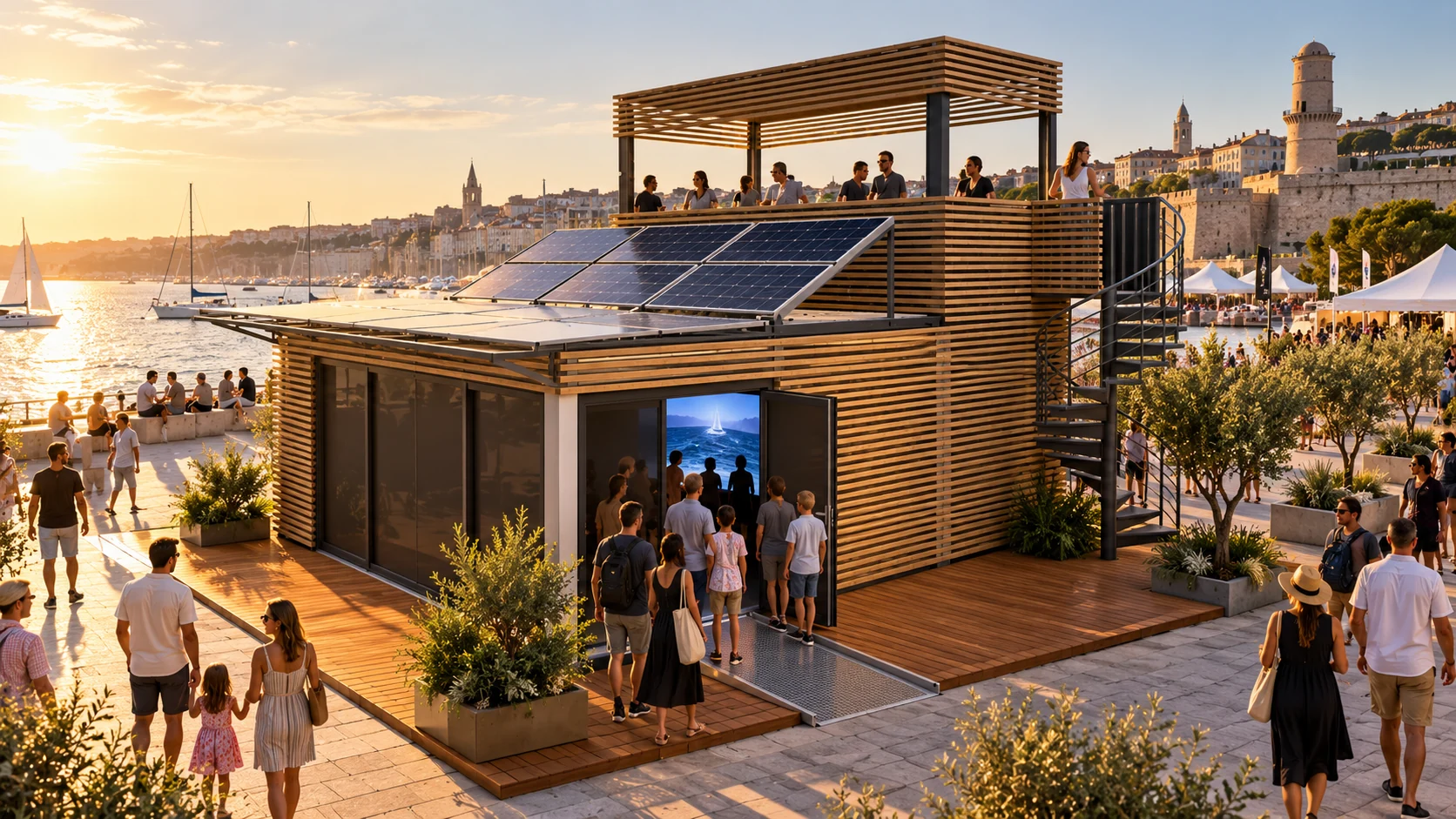Concept KIOSKORAMA : pavillon immersif avec panneaux solaires