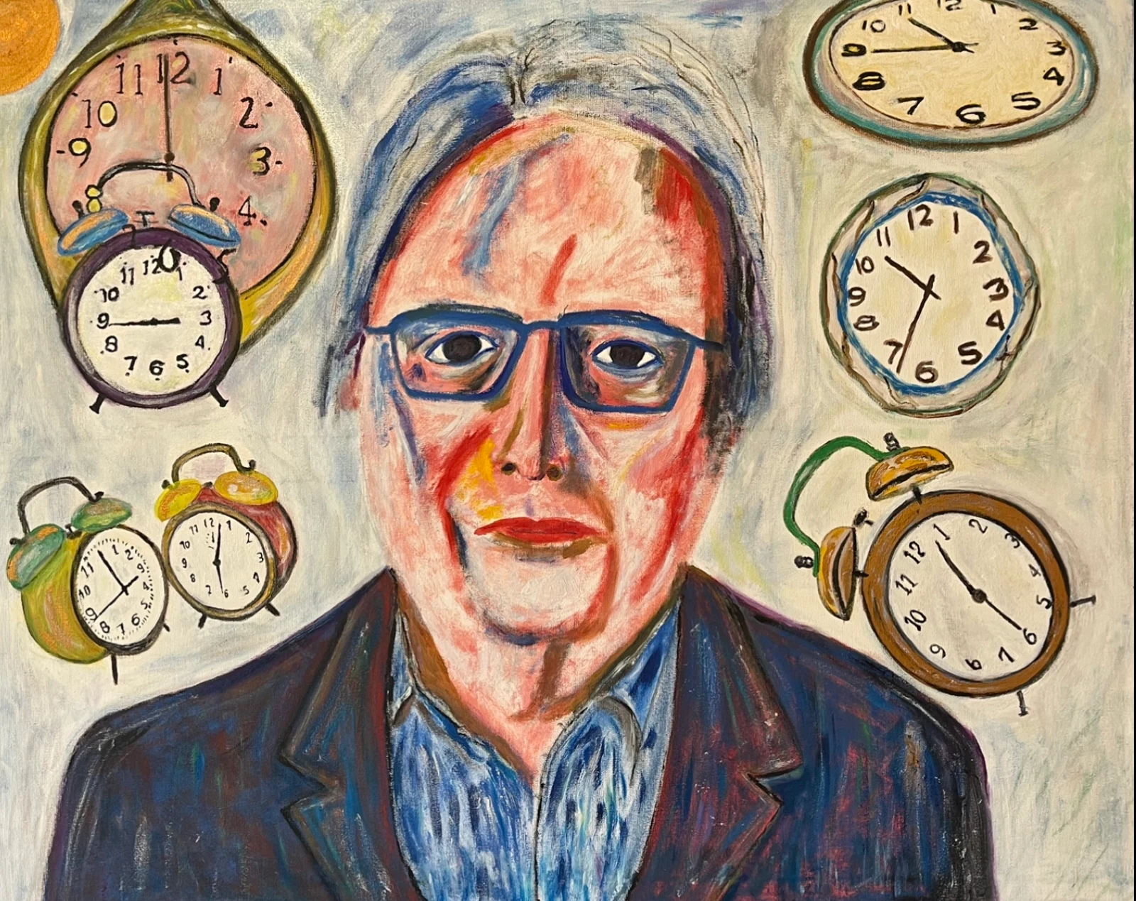 Portrait peint de Marc Ferro entouré d’horloges, visuel issu du dossier du film.